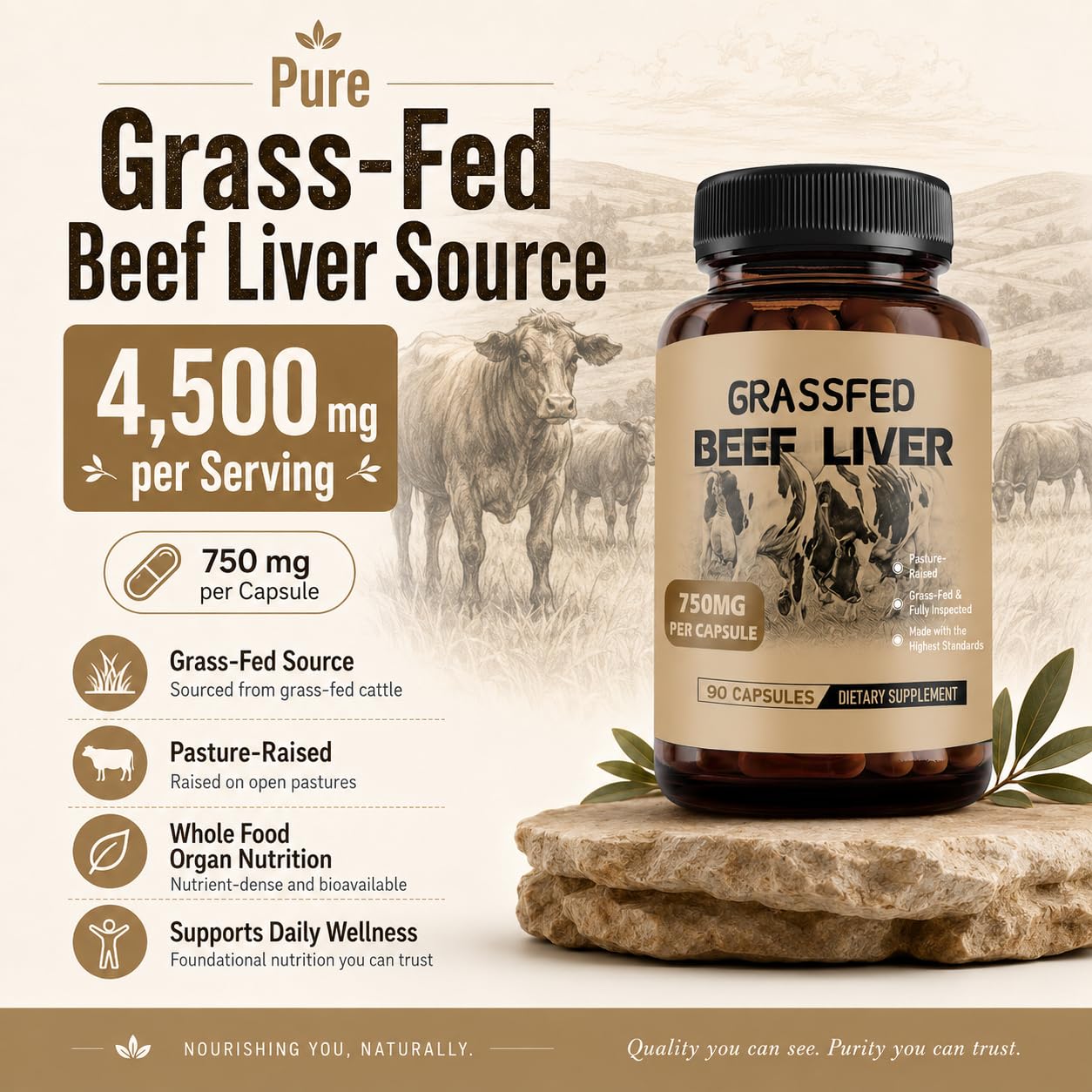 Generic Grass Fed Beef Liver Capsules, 90 Capsules