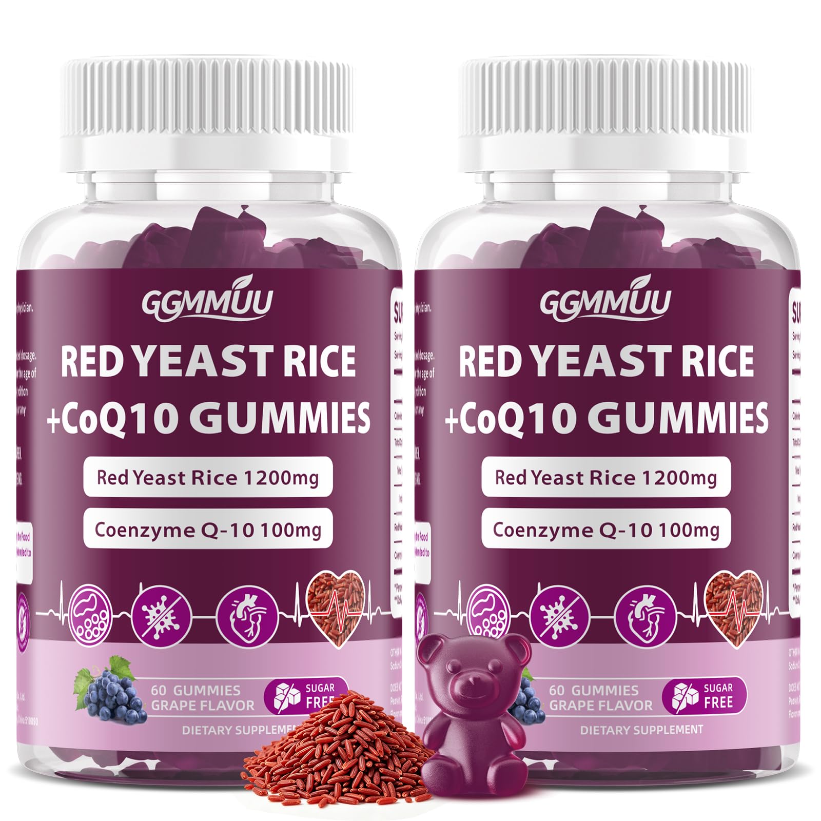 GGMMUU Red Yeast Rice with CoQ10 Gummies 1200mg, Sugar Free, 120 Count