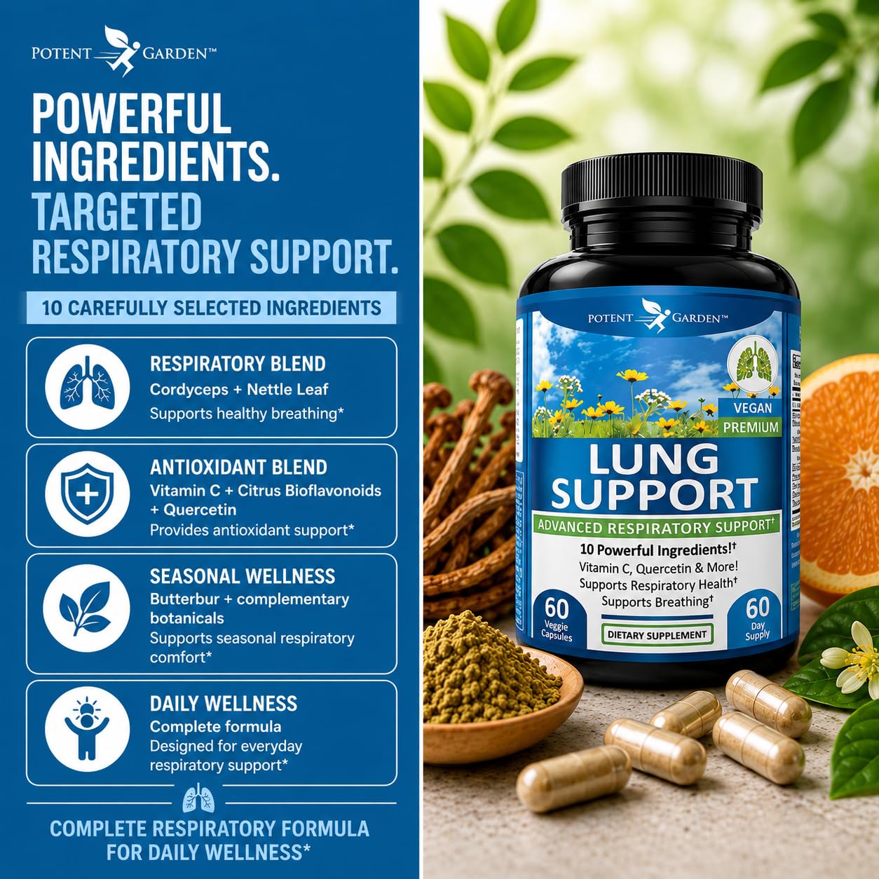 Potent Garden Lung Support Supplement with Vitamin C, Quercetin & Herbal Blend – Respiratory Wellness Formula for Breathing Support & Lung Health, 60 Capsules