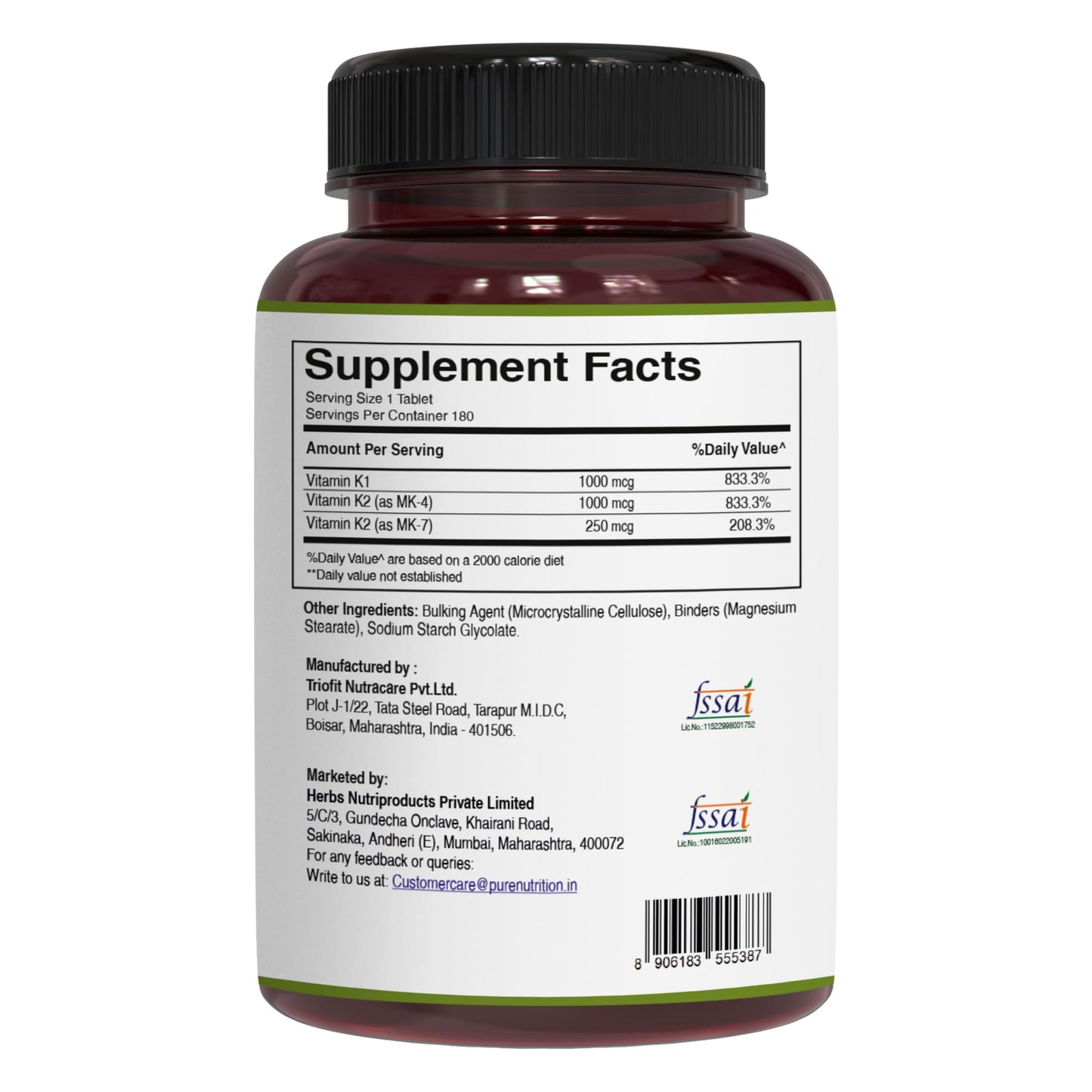 Pure Nutrition Natural Treasures Vitamin K Complex K1 + K2 Tablets, 180 Count