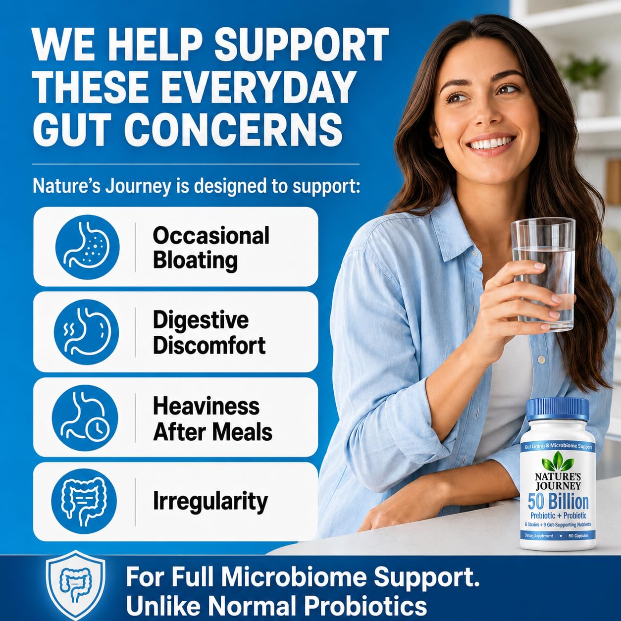 UMB Natures Journey Daily Synbiotic 50 Billion CFU – 6 Strains Probiotics for Women & Men with Prebiotic Fiber, Digestive & Gut Health, Immune Support, 9 Gut-Supporting Nutrients, 60 Capsules
