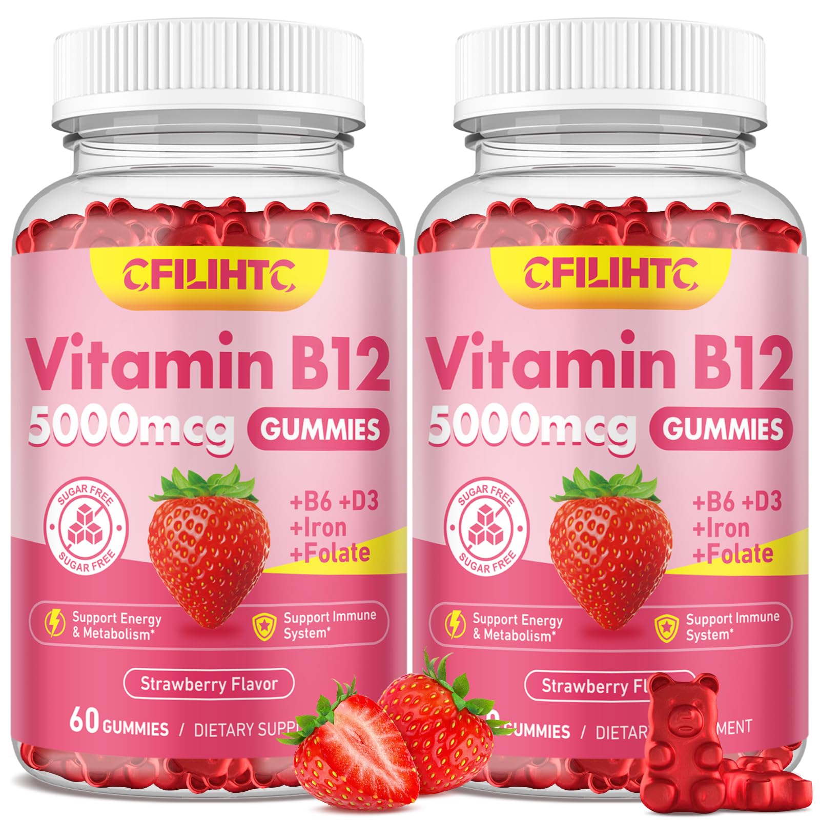 CFILIHTC Vitamin B12 Gummies 5000mcg Methyl B12 with Vitamin B6, D3, Iron & Folate, 120 Gummies
