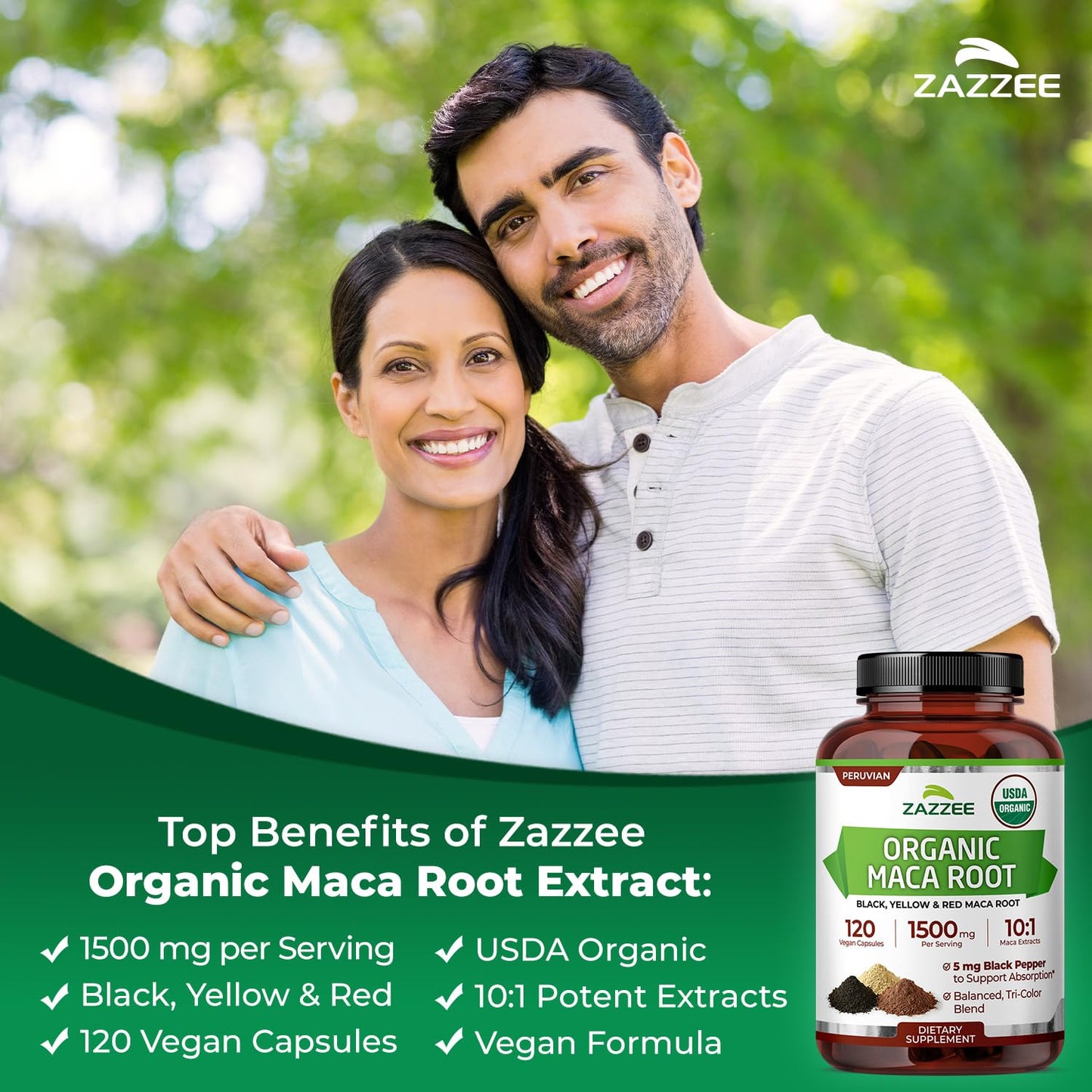 Zazzee USDA Organic Maca Root 10:1 Extract, Red, Black & Yellow Maca, Capsule, 120 Count