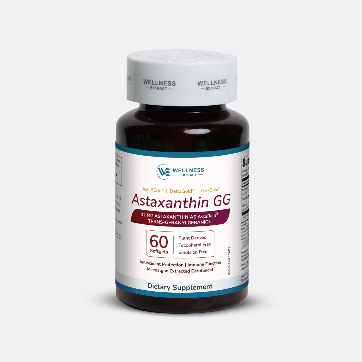 WELLNESS EXTRACT Astaxanthin 12mg Supplement – AstaREAL™ Sourced from Microalgae with GG-Gold® Geranylgeraniol & DeltaGold® Tocotrienols, Non-GMO, Gluten-Free, Antioxidant Support for Eye, Skin & Heart, 60 Softgels