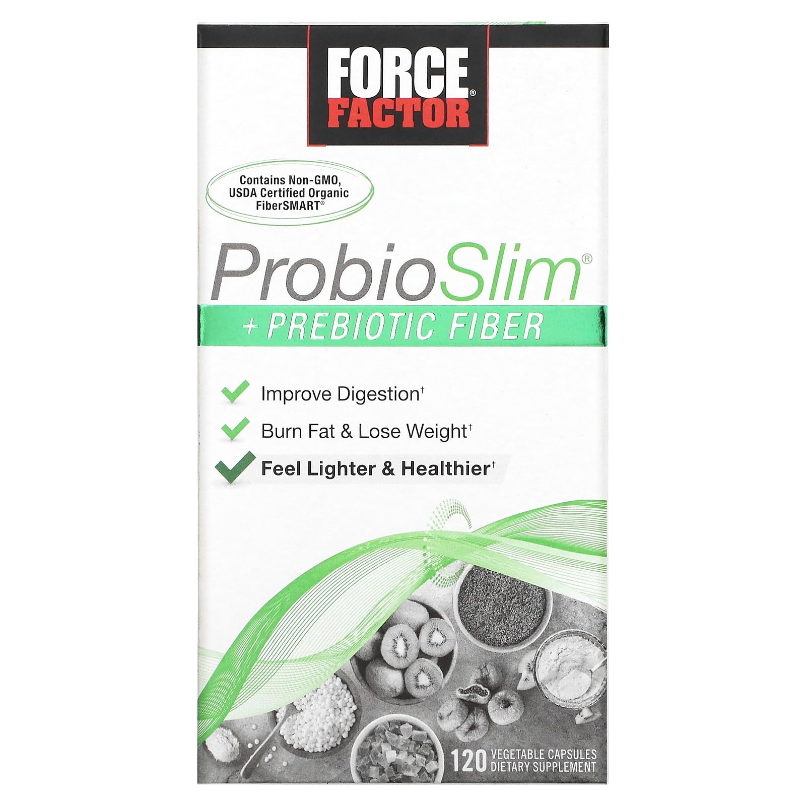 Force Factor ProbioSlim + Prebiotic Fiber Weight Loss Supplement, Probiotic and Prebiotic Digestive Health Support with Green Tea Extract and Psyllium Husk Fiber, 120 Capsules