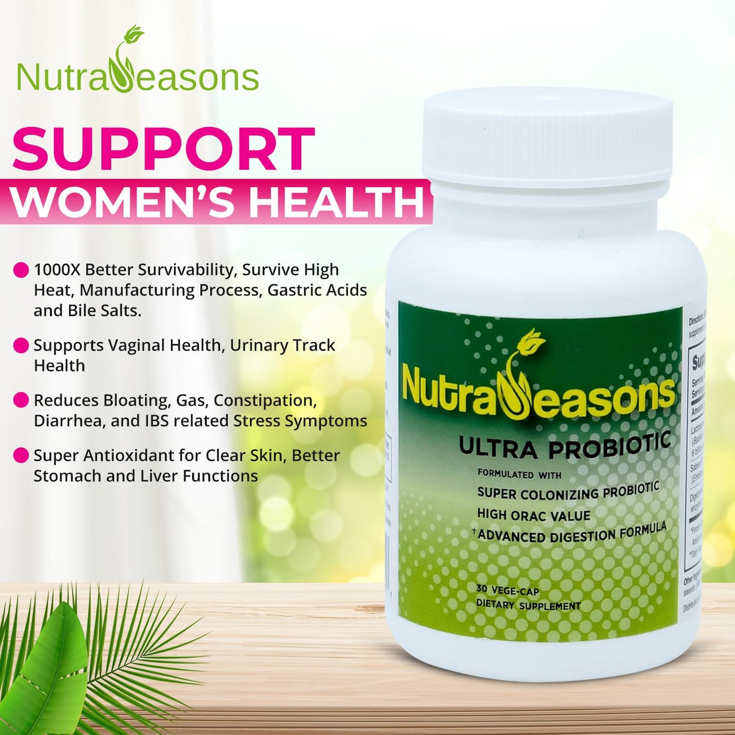 Nutra Seasons Ultra Probiotic Complex with Bacillus coagulans, Digestive Multi Enzymes, Prebiotic Berries Organic Non GMO Capsule 30 Count
