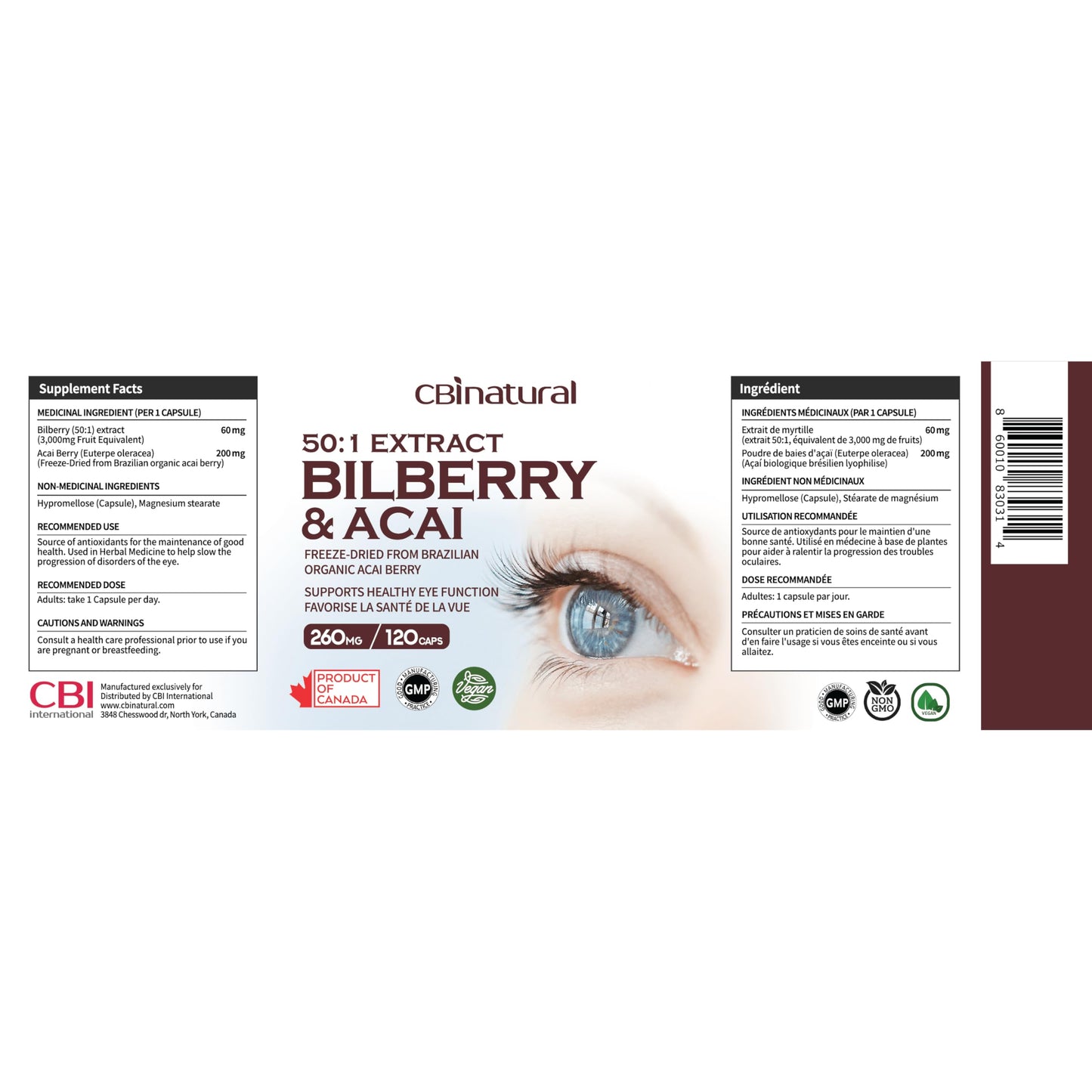 CBI Natural Bilberry 50:1 Extract with Acai Berry Eye Health & Vision Support, 120 Capsules