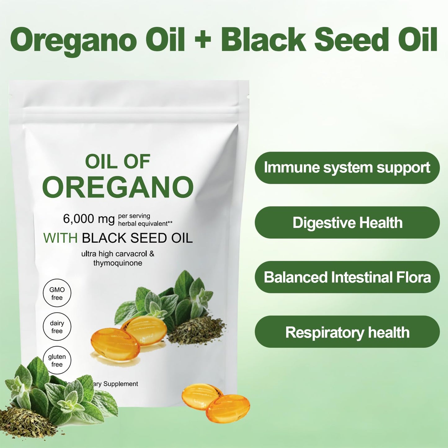 HDFREO Oil of Oregano 6000mg with Black Seed Oil Softgels, 300 Softgels