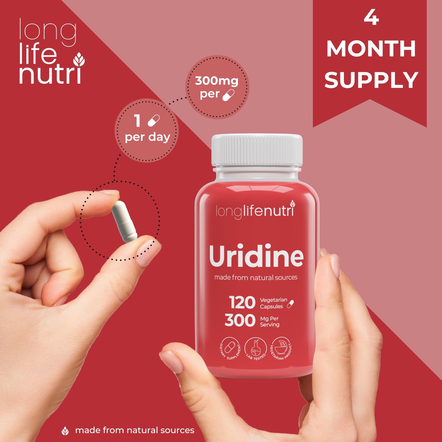 LongLifeNutri Uridine Monophosphate 300mg Capsule, 120 Vegetarian Capsules