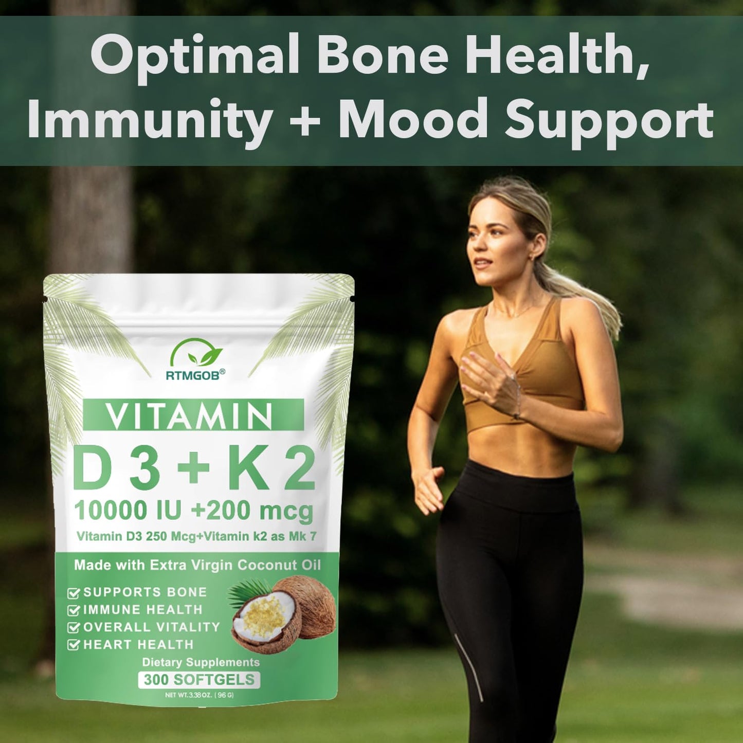 RTMGOB Vitamin D3 K2 Supplement Vitamin D3 10,000 IU + K2 MK-7 200 mcg Virgin Coconut Oil Softgels, 300 Count