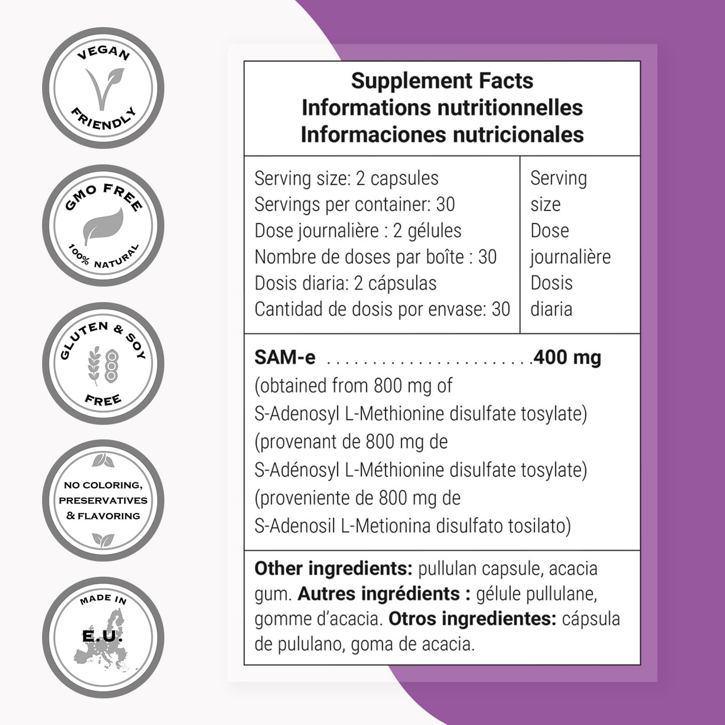 Supersmart SAM-e 200mg (80% Active Isomer S,S) - Advanced S-Adenosyl Methionine SAM-e Supplement Capsule, 60 Capsules