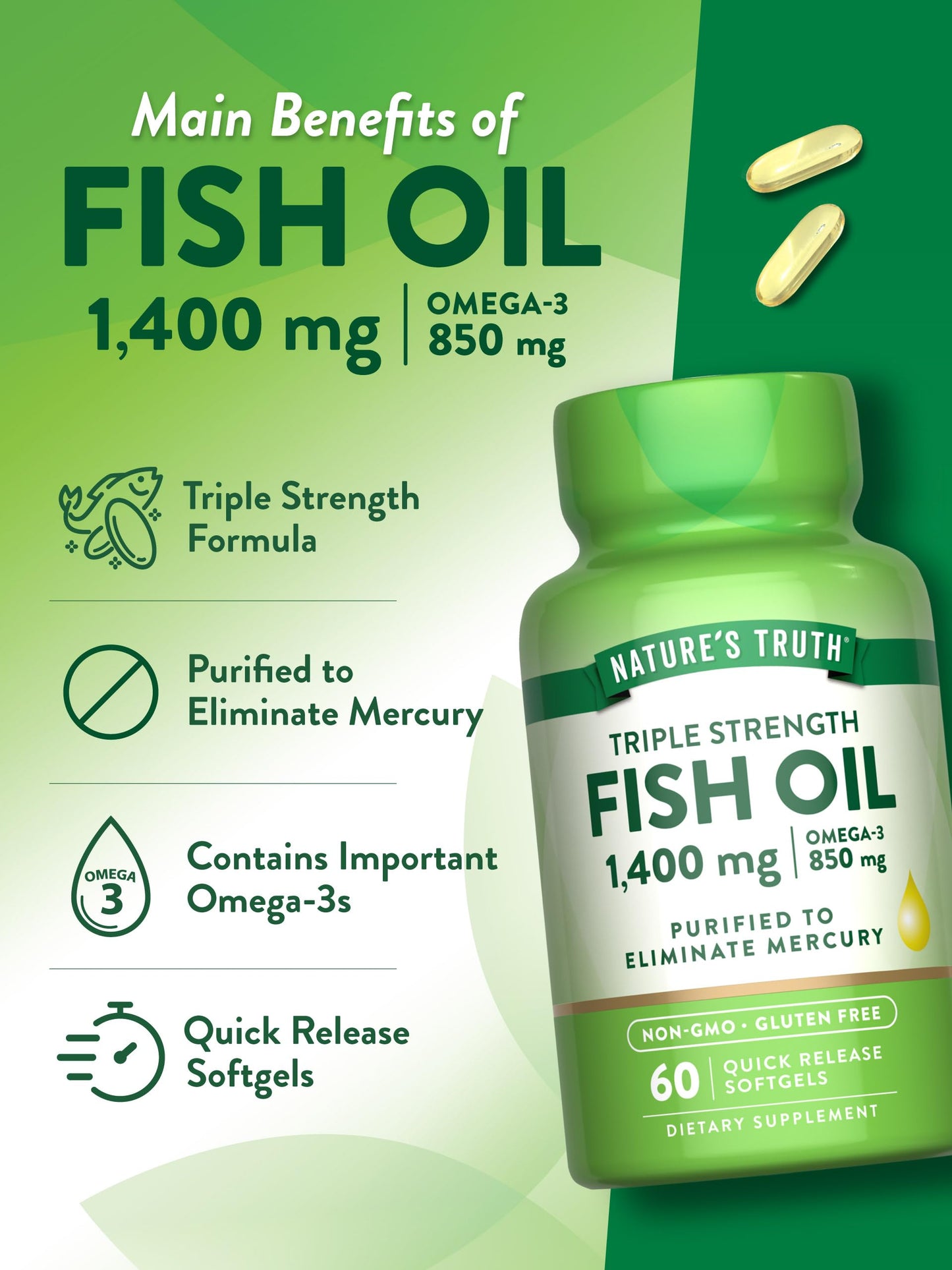 Nature's Truth Triple Strength Fish Oil 1400 mg | 850 mg Omega-3 Softgels 60 Count