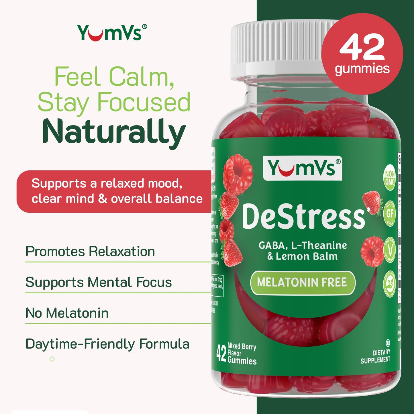 YUM-V'S De-Stress Gummies with GABA, L-Theanine and Lemon Balm - Mixed Berry Flavor - Calming Gummies for Adults and Teens - Gluten Free Non-GMO Vegetarian Mood Support Relax Supplement, 42 Count