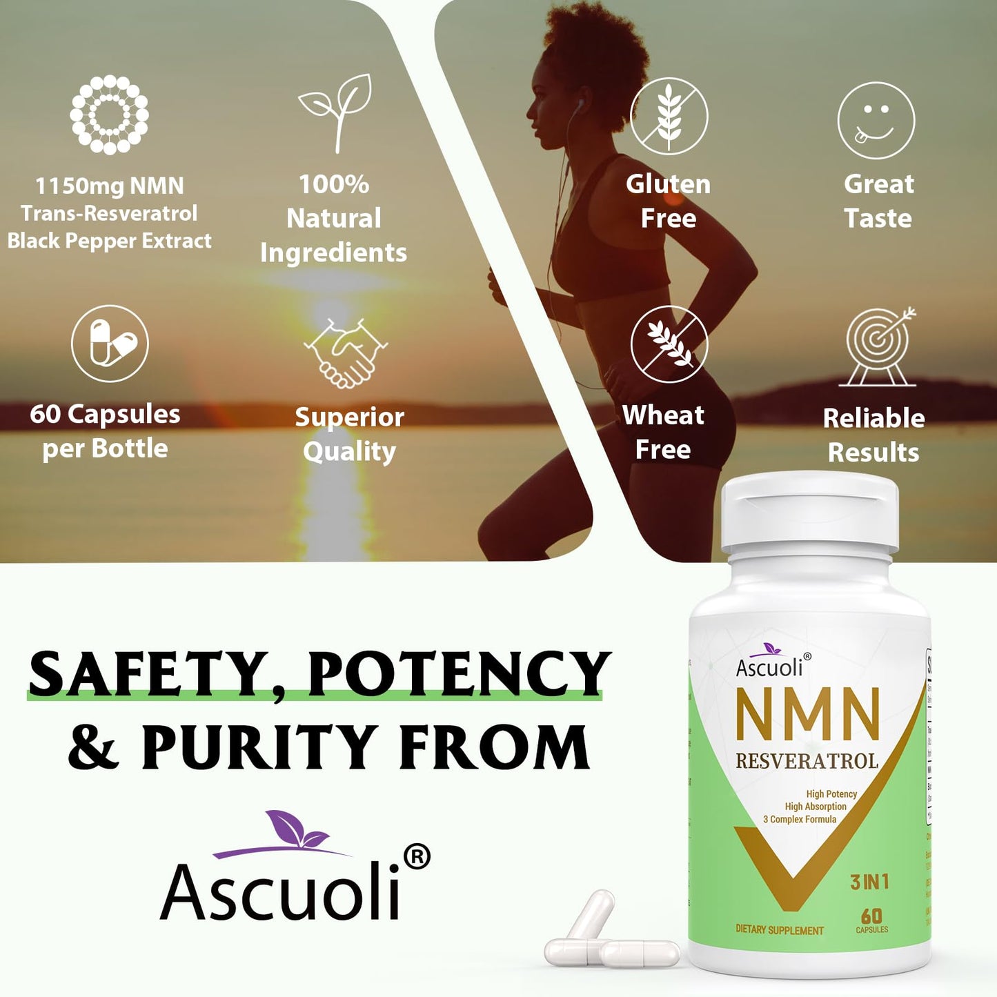 Ascuoli NMN 500mg + Trans-Resveratrol 600mg 1150mg NMN Resveratrol Supplement, 3-in-1 Advanced Formula, Stabilized, Capsules, 120 Count