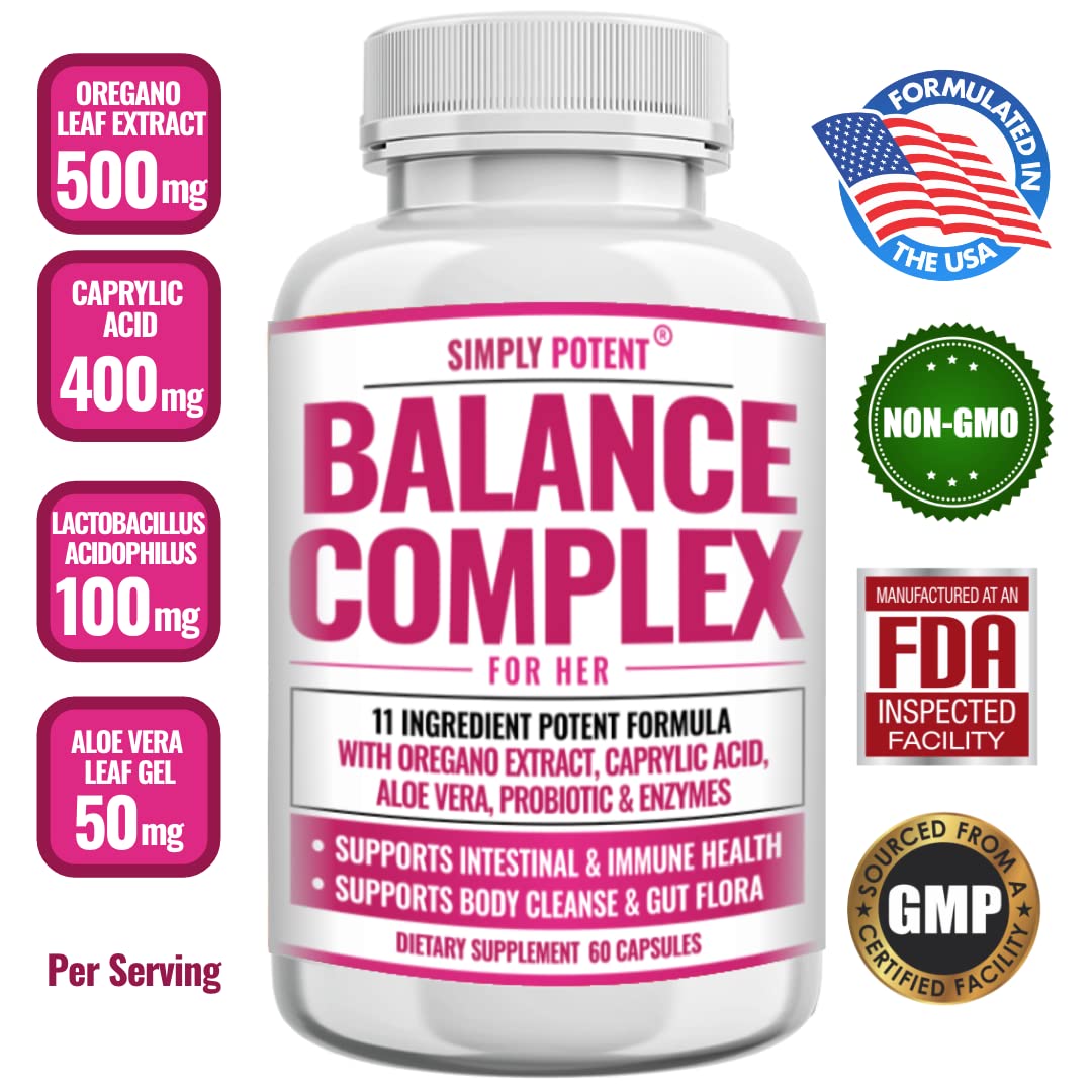 Simply Potent Balance Complex for Women – 11-in-1 Formula with Oregano Extract, Caprylic Acid, Probiotics & Digestive Enzymes, 60 Capsules