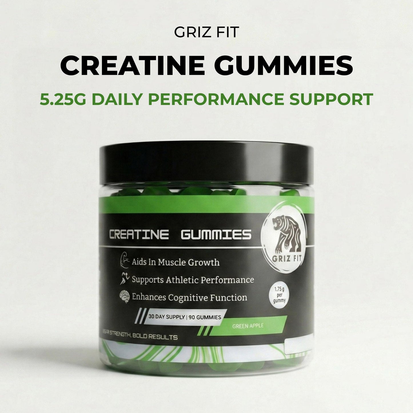 Griz Fit Creatine Gummies – 5.25g Creatine Monohydrate Per Serving, 90 Vegan Gummies