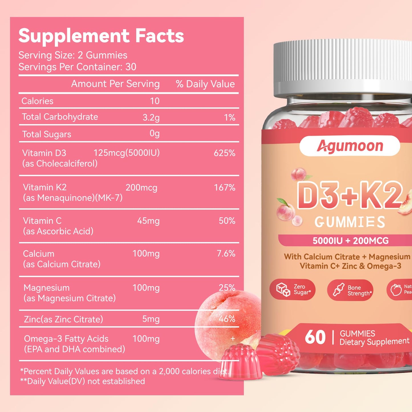 Agumoon Vitamin D3 K2 Gummies for Adults, 60 Count