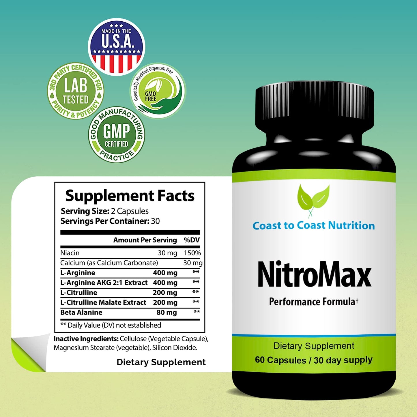 Coast to Coast Nutrition NitroMax Performance Formula L-Arginine Nitric Oxide Supplement, 60 Capsules