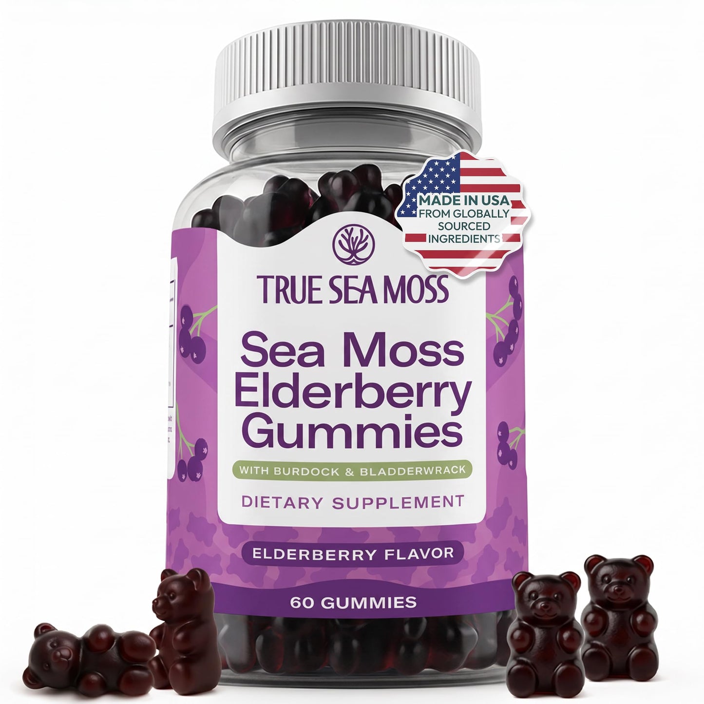 TrueSeaMoss Sea Moss Gummies with Elderberry, Burdock Root & Bladderwrack – Fruity Flavor – for Adults & Kids 4+ – 60 Gummies