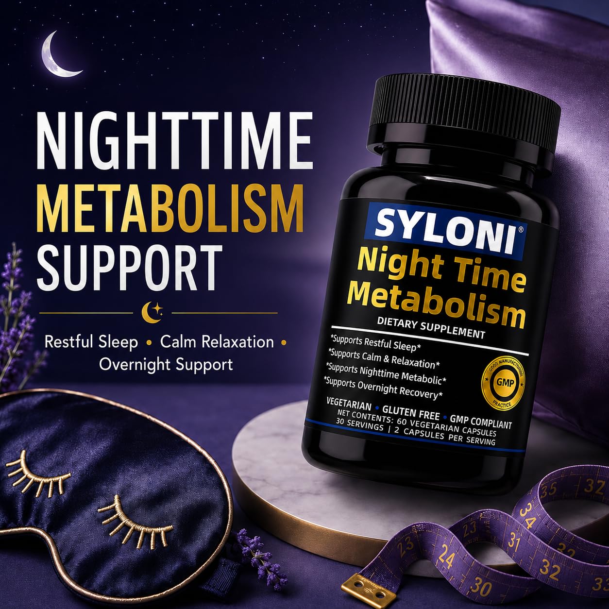Syloni Nighttime Metabolism & Sleep Support with 3 mg Melatonin, Magnesium, Ashwagandha, GABA, Chromium & CLA for Restful Sleep and Weight Management, 60 Vegetarian Capsules