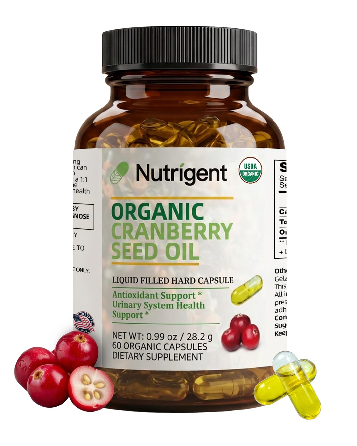 Nutrigent Cranberry Seed Oil 940 mg, Plant Sourced Omega 3-6-9 Fatty Acids, Liquid Organic Capsules, Urinary Health & Skin Health Support, 60 Capsules