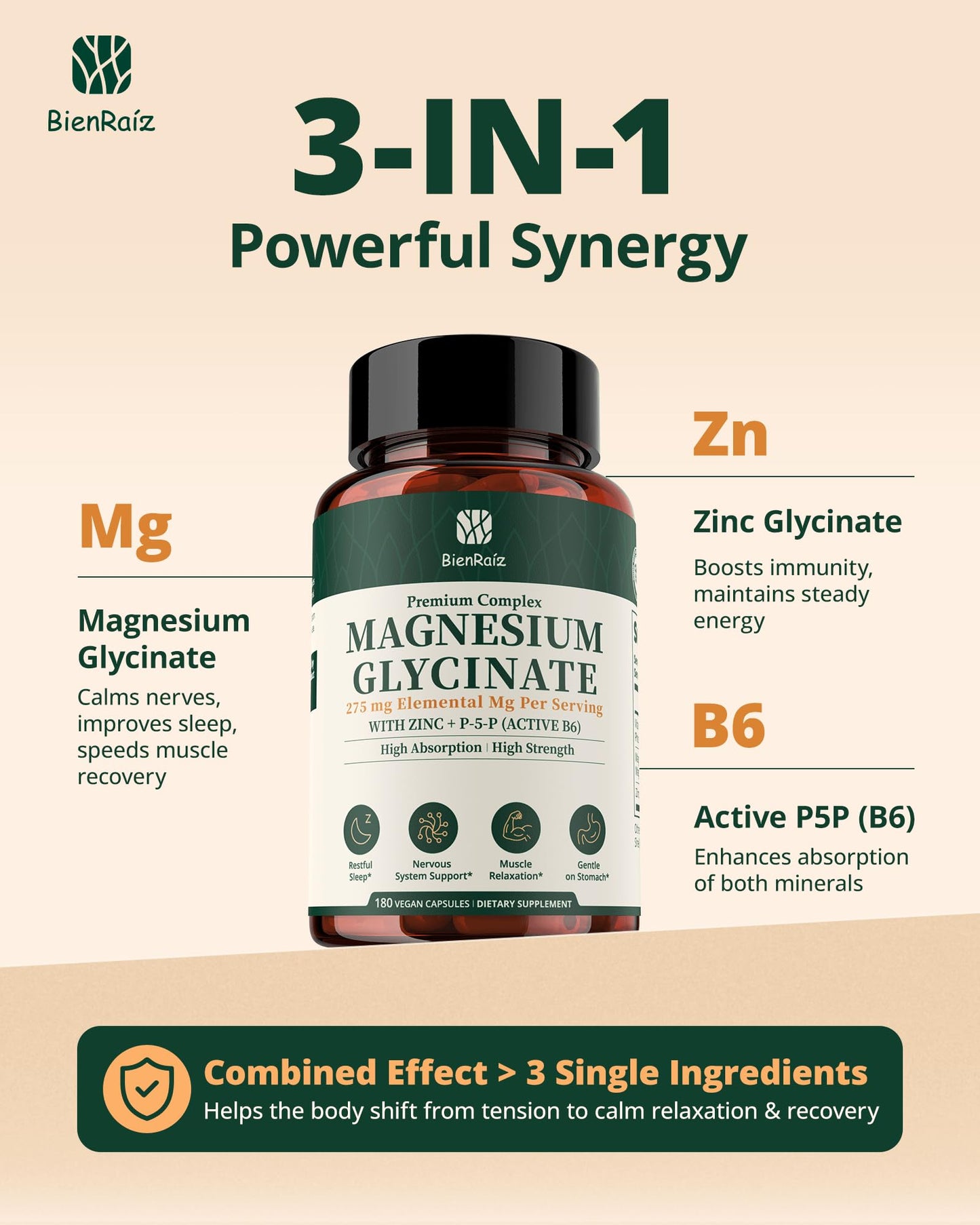 BienRaíz Magnesium Glycinate 275mg Capsule, 180 Capsules