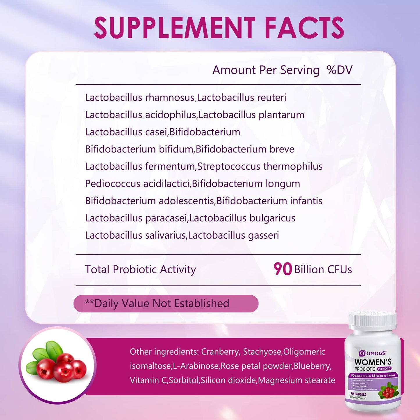 OMOGS Women's Probiotic with Cranberry Extract, Organic Prebiotics & Vitamin C, 90 Billion CFUs, 18 Strains, 90 Tablets