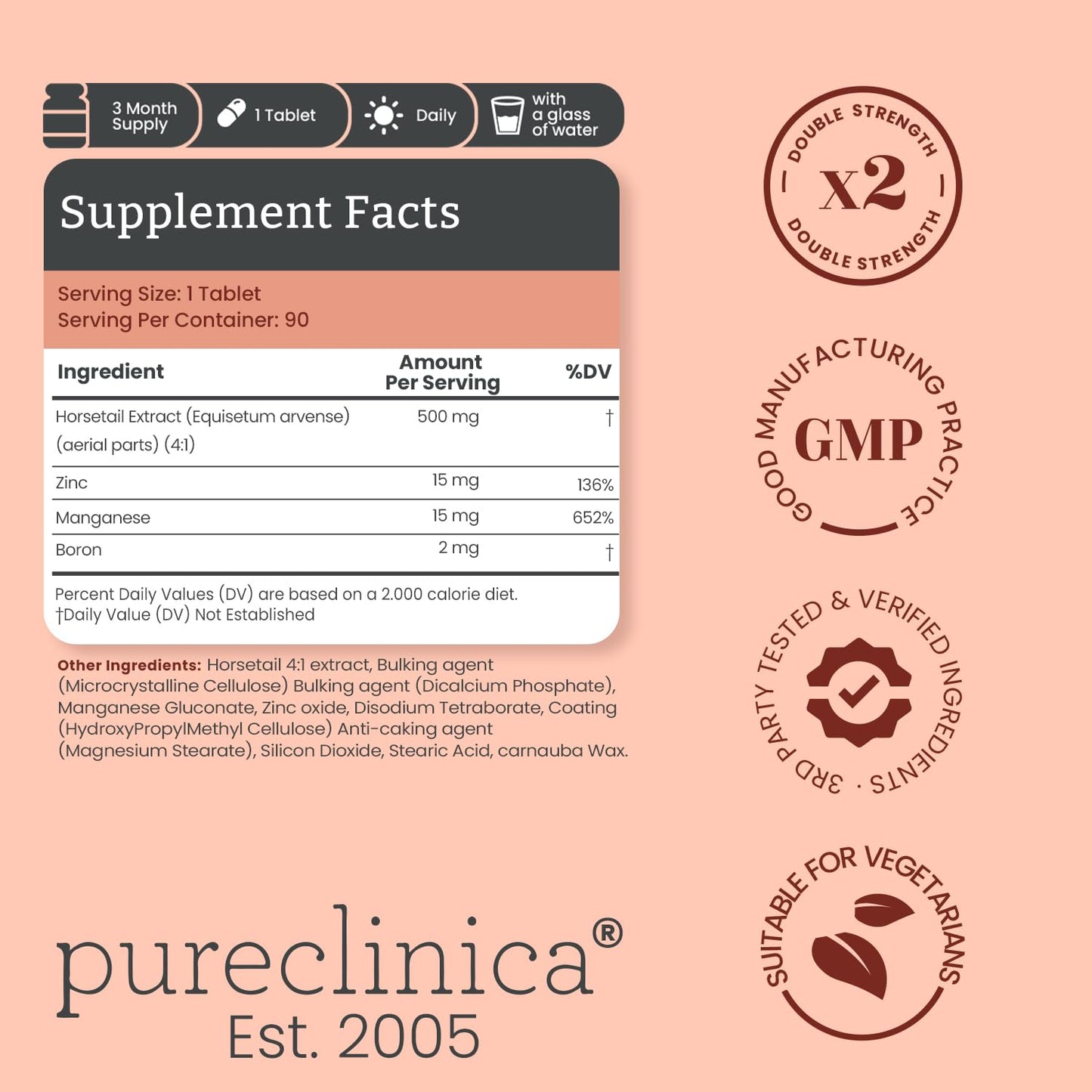 pureclinica Silica Complex 500mg Horsetail Extract (4:1) per Tablet with Zinc, Manganese & Boron, 90 Tablets
