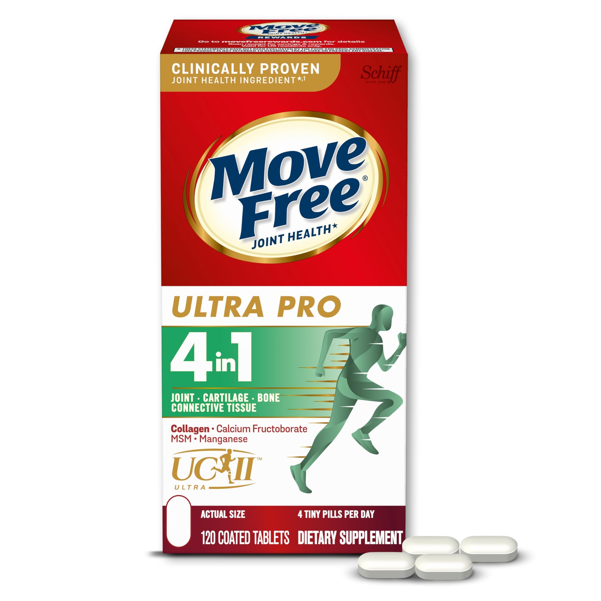 Move Free Ultra Pro with Quadruple Action Joint Support Type 2 Collagen, MSM, Calcium Fructoborate & Manganese, Supports Joint Cartilage, Bone & Connective Tissue, 120 Tablets