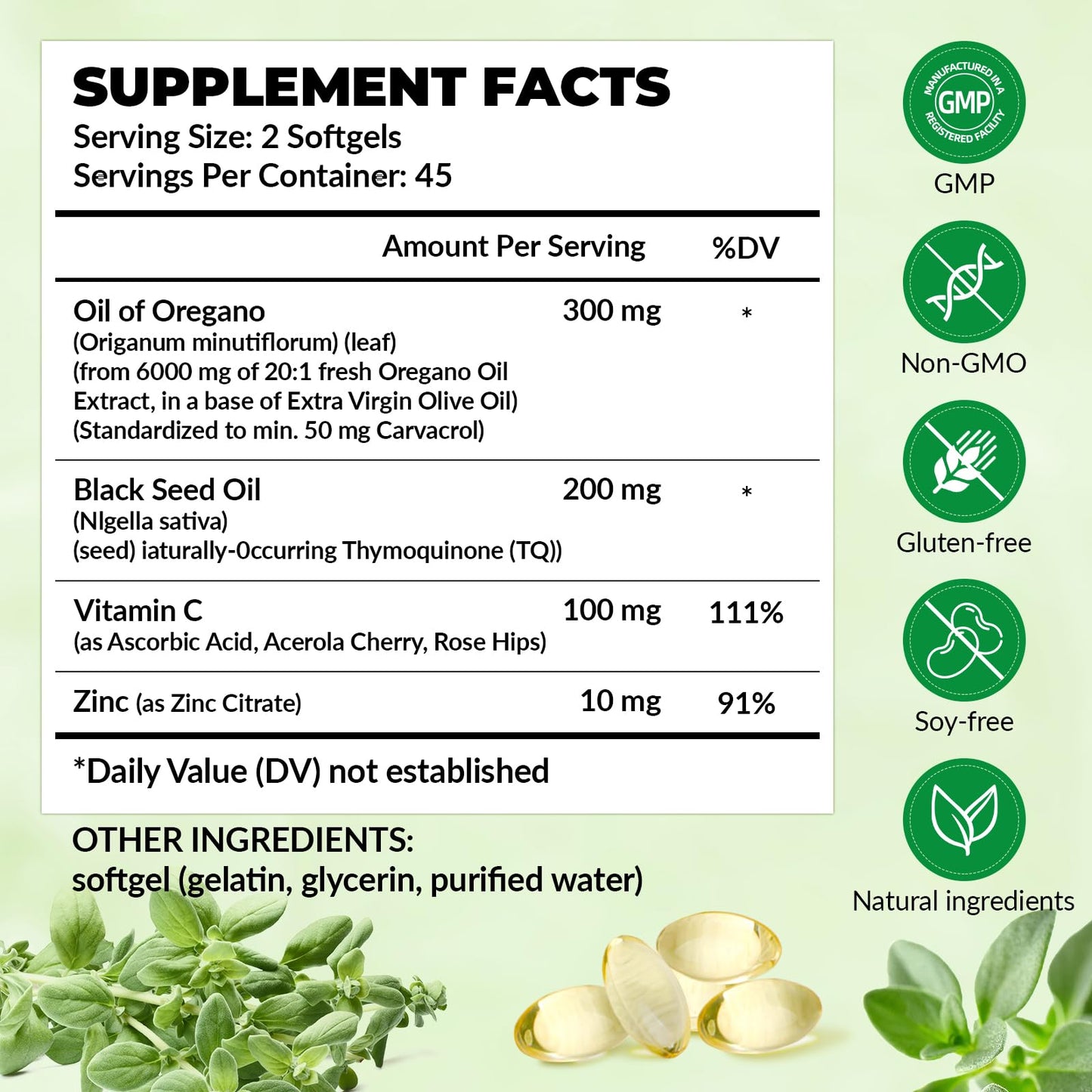 VBTOP Oregano Oil with Black Seed Oil, Vitamin C and Zinc Softgels 180 Count