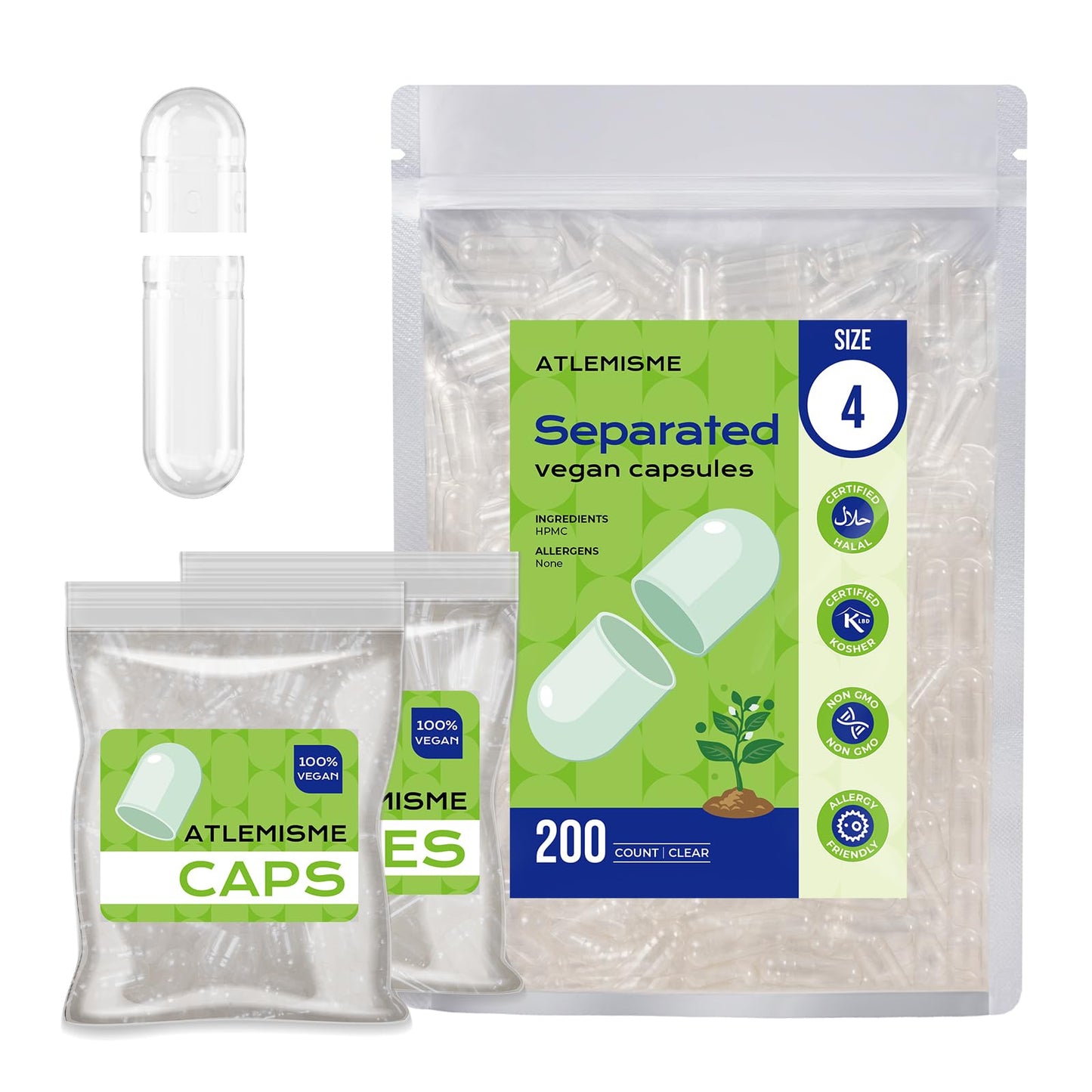 ATLEMISME Vegan Size 4 Empty Capsules, 200 Count