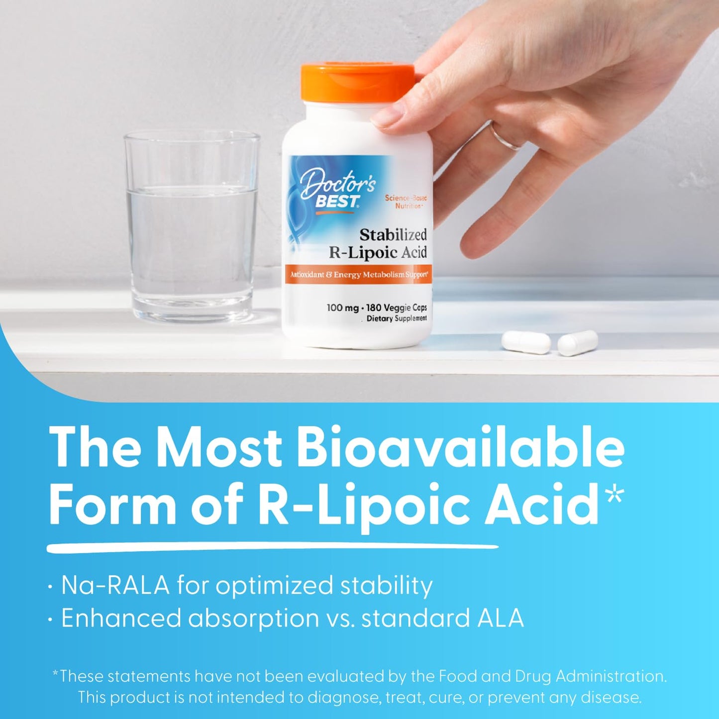 Doctor's BEST Stabilized R-Lipoic Acid Supplement 100 mg - R-Alpha Lipoic Acid, 180 Capsules