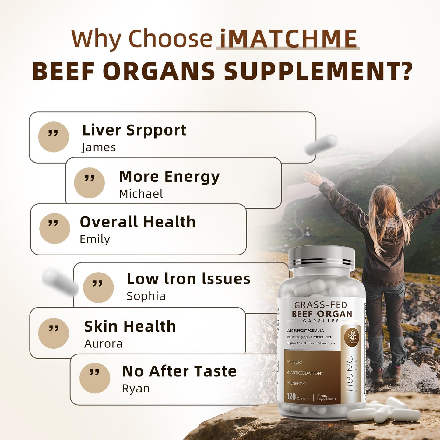 iMATCHME Grass Fed Beef Organ Supplement with Beef Liver & Adrenals, R-Lipoic Acid for Liver Detox, Antioxidant, Energy & Overall Health, Capsules, 120 Count