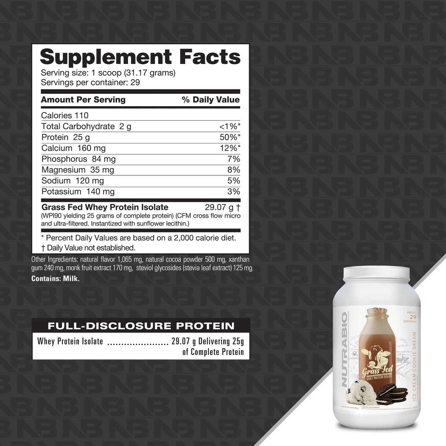 NutraBio Grass Fed Whey Isolate Protein Powder - Ice Cream Cookie Dream - 32