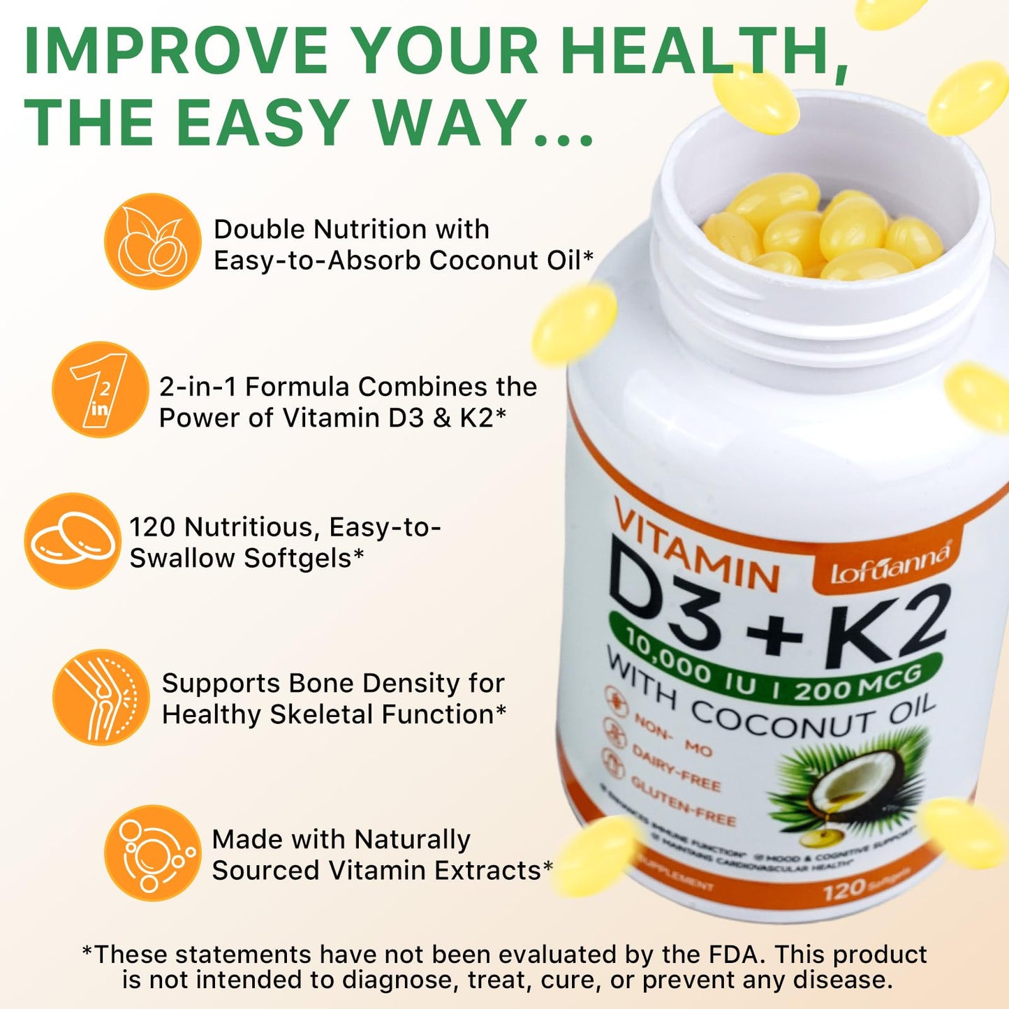LOFUANNA Vitamin D3 K2 Softgels 120 Count