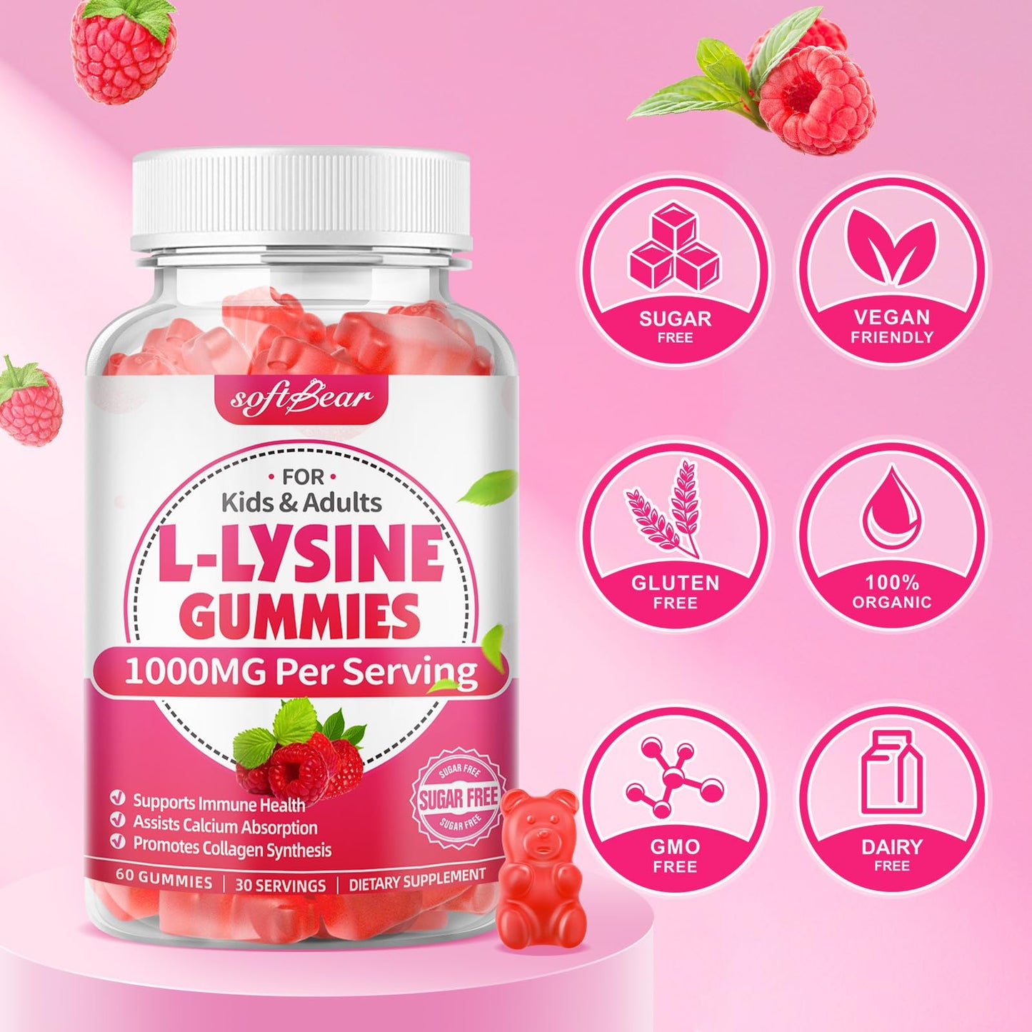 softbear L-Lysine Gummies 1000mg Chewable Lysine Supplement for Lips & Oral Health, Immune & Collagen Support, Vegan, Non-GMO, Gluten-Free, Raspberry Flavor, 120 Count