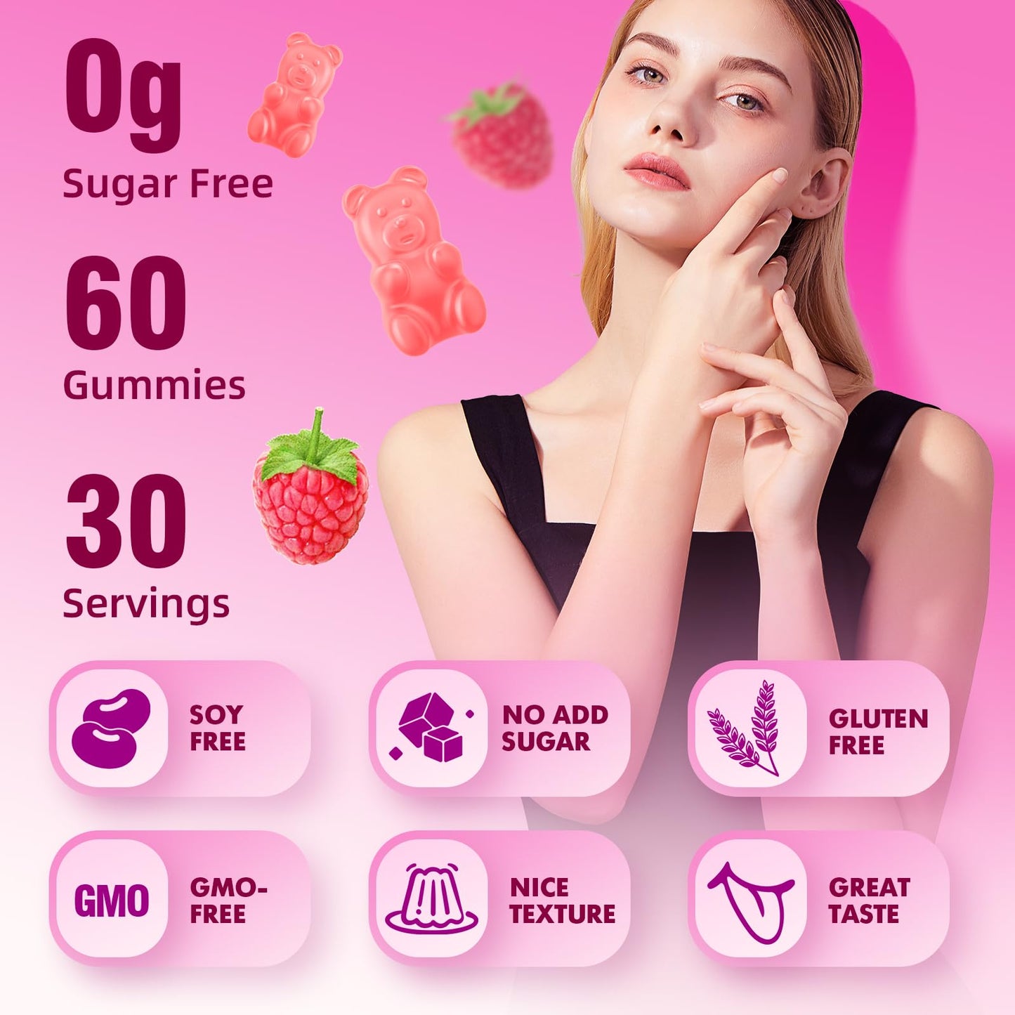 MEENCCD Hydrolyzed Collagen Peptides Gummies for Women & Men, Multi-Collagen Type I, II, III, V, X with Biotin, Hyaluronic Acid, Zinc, Vitamin C, E - Skin, Hair, Nails, Raspberry Flavor, 60 Count