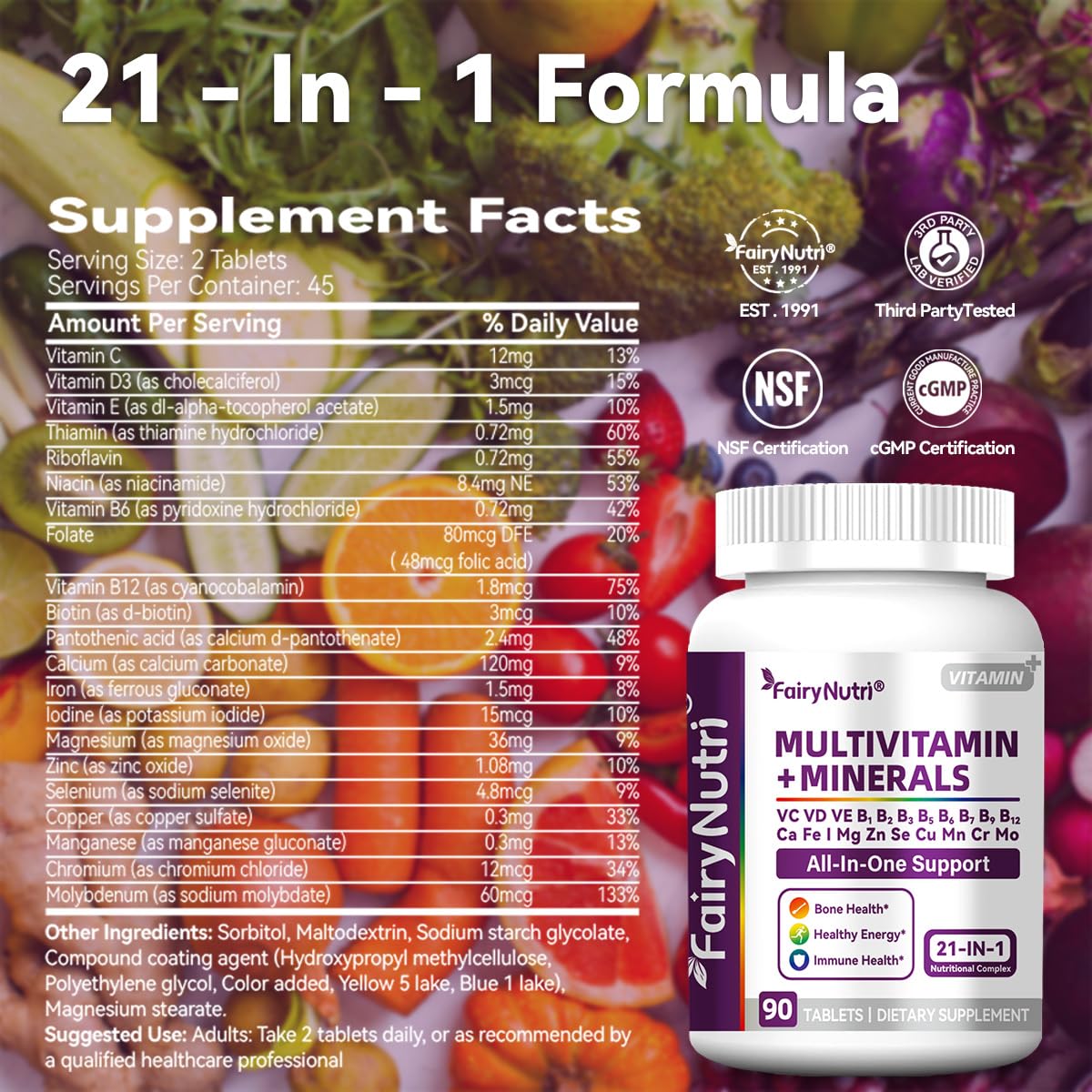 Fairynutri Multivitamin + Minerals, 21-in-1 Nutritional Complex All-in-One Support, 90 Tablets
