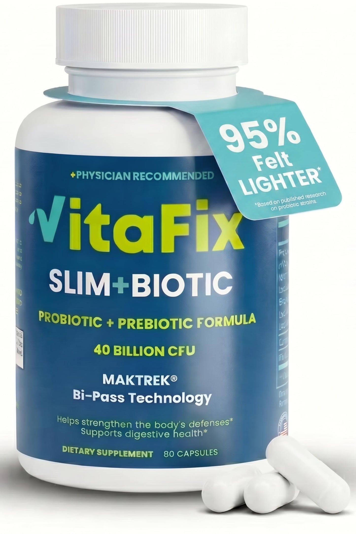 VitaFix Synbiotic Probiotic & Prebiotic Slimbiotic - 40 Billion CFU with MAKTREK Bi-Pass Tech Capsules, 60 Count