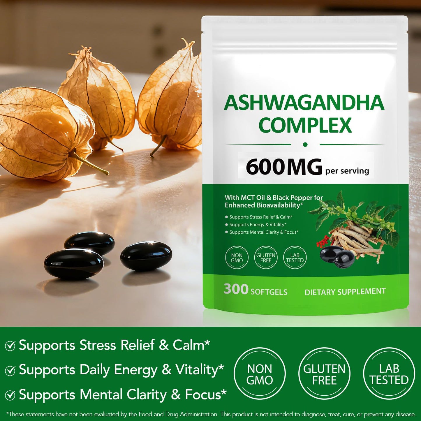SBHEANGBA Ashwagandha Extract Complex Softgels 600mg, 300 Count