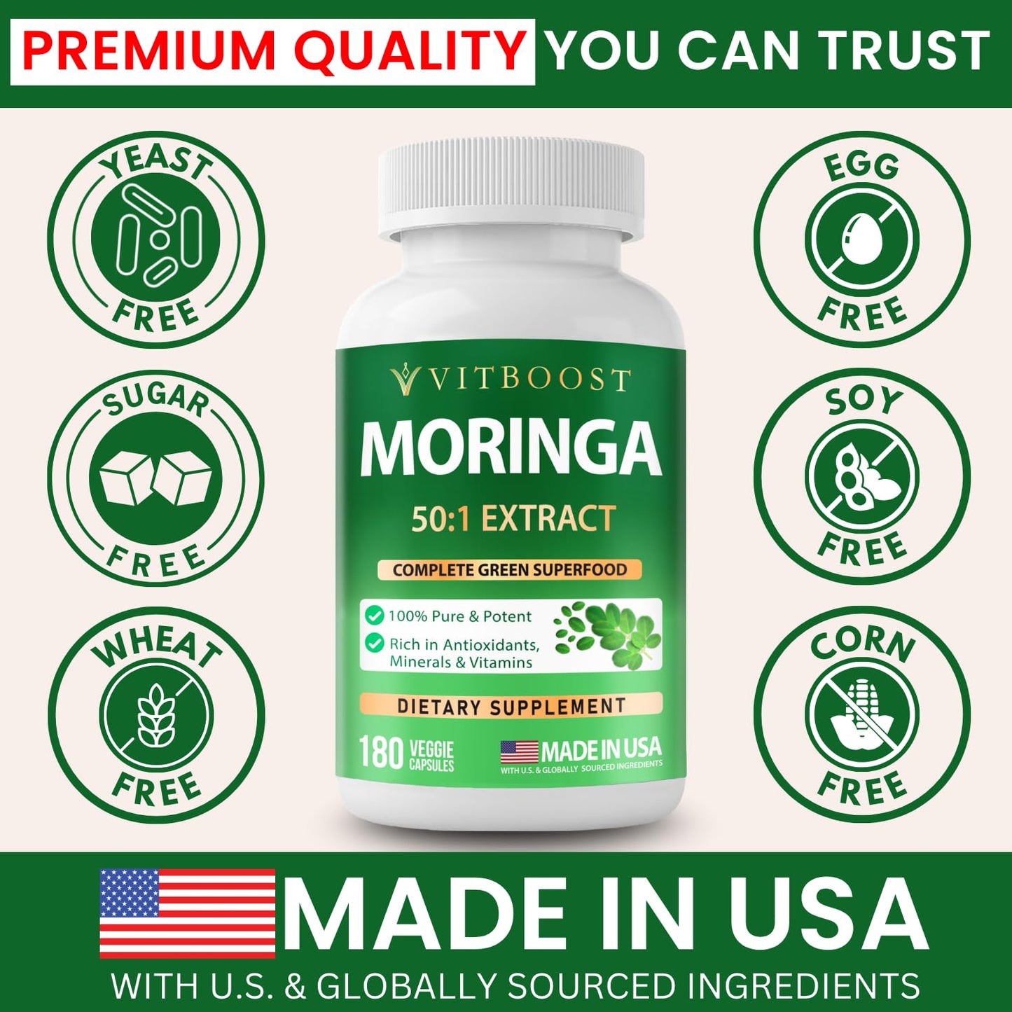 VITBOOST Moringa 50:1 Extract 400 mg Capsules, 180 Count