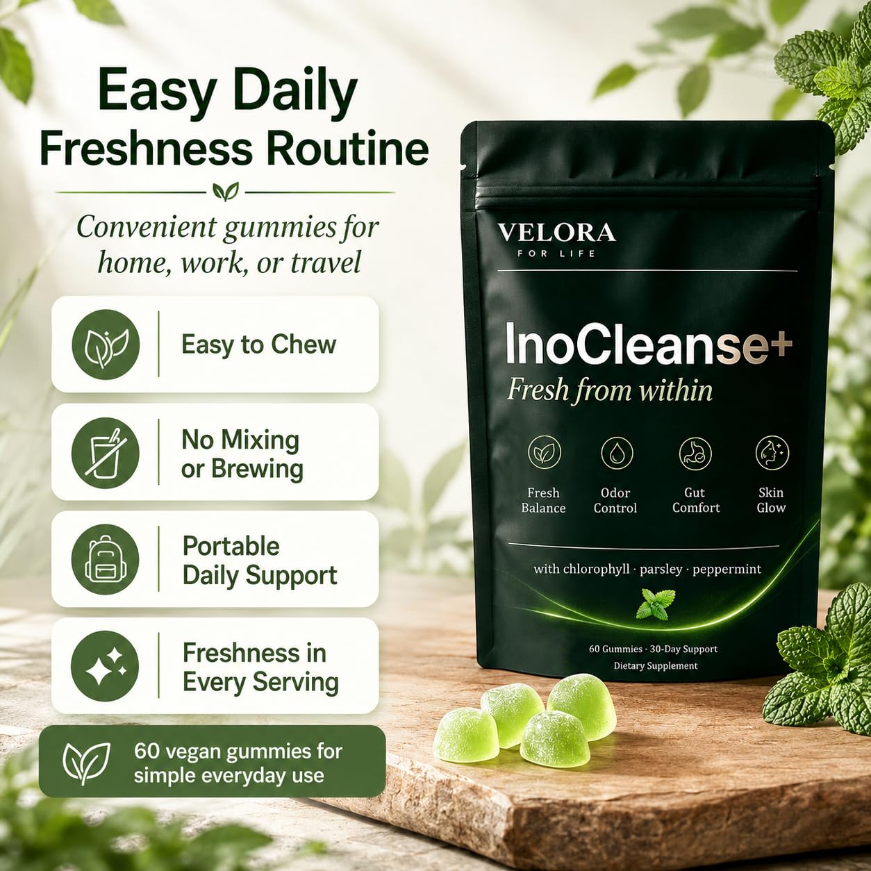 Pillow Daddy Chlorophyll Gummies Inocleanse+ Fresh Breath & Body Deodorizing Supplement with Chlorophyll, Parsley & Peppermint Extracts, 60 Vegan Gummies