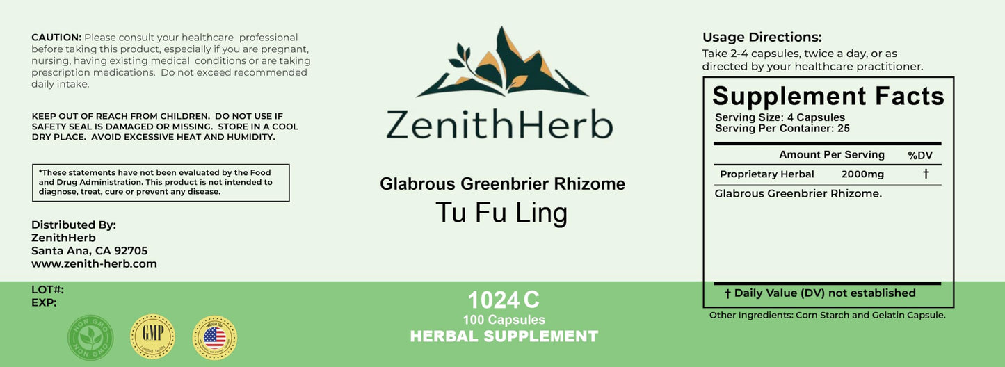 ZenithHerb Tu Fu Ling Glabrous Greenbrier Rhizome Capsules, 100 Capsules per Bottle, Pack of 2