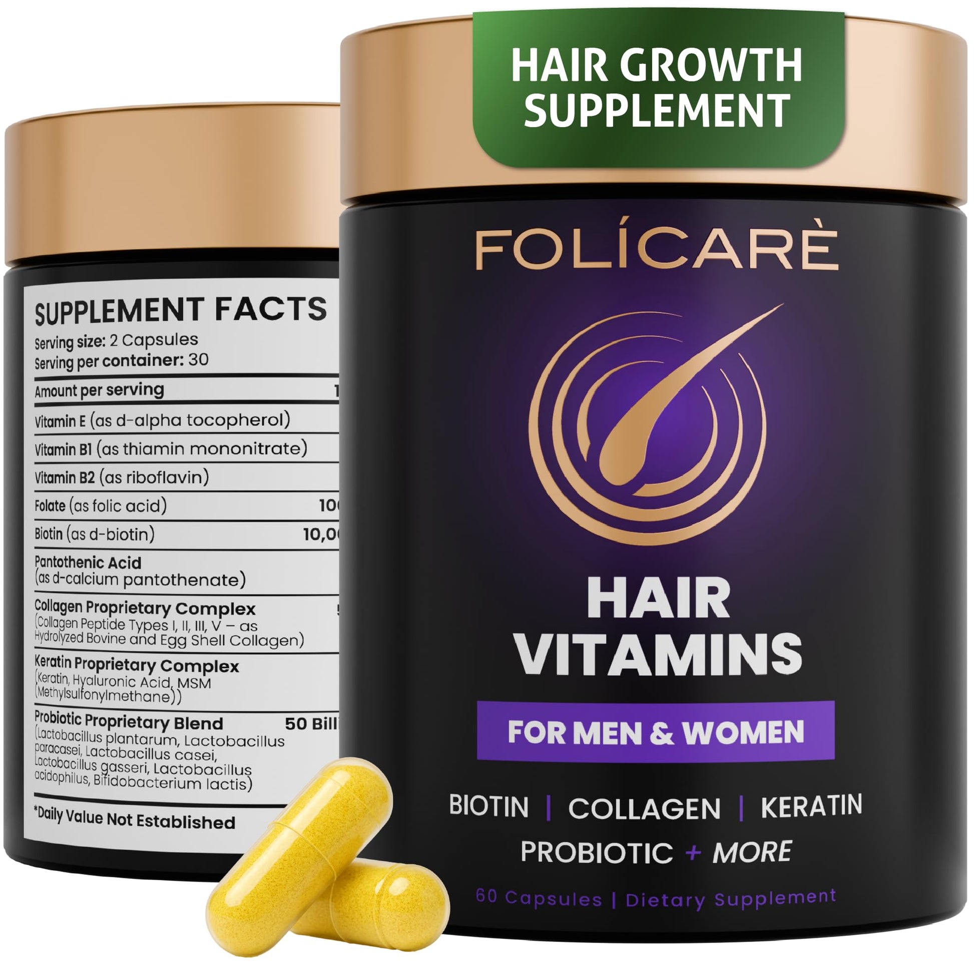 FOLICARE Biotin Hair Growth Supplement with Collagen, Keratin, and Probiotics Capsule 60 Count