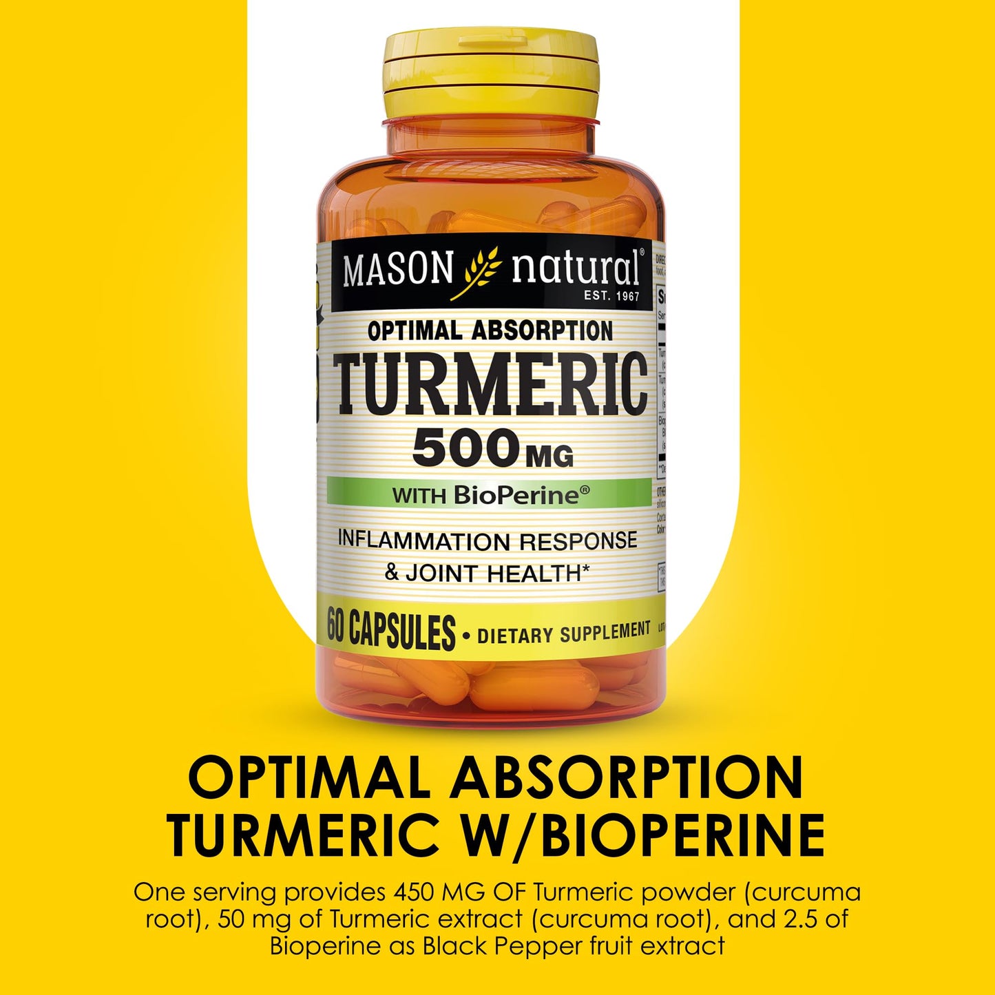 Mason Natural Optimal Absorption Turmeric 500 mg with BioPerine, Supports Normal Joint Health, 60 Capsules