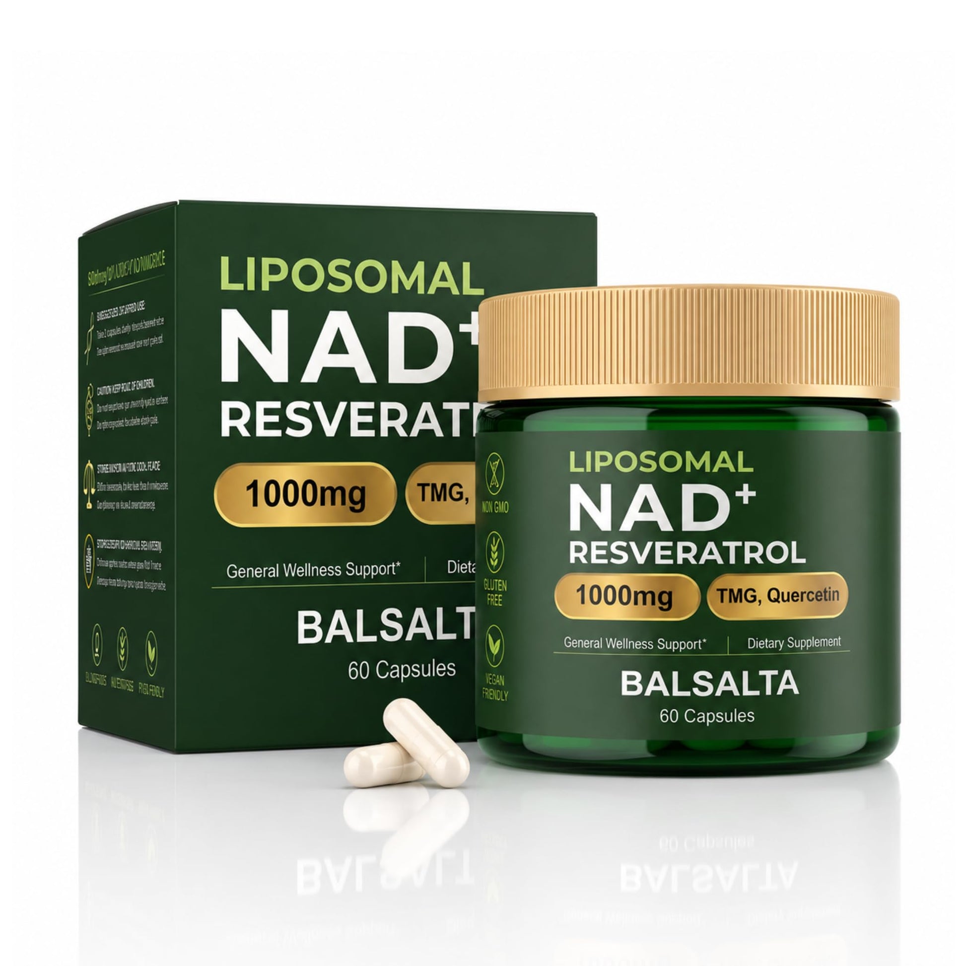 BALSALTA Liposomal NAD+ Supplement 1000mg with Resveratrol, TMG & Quercetin Capsules, 60 Capsules