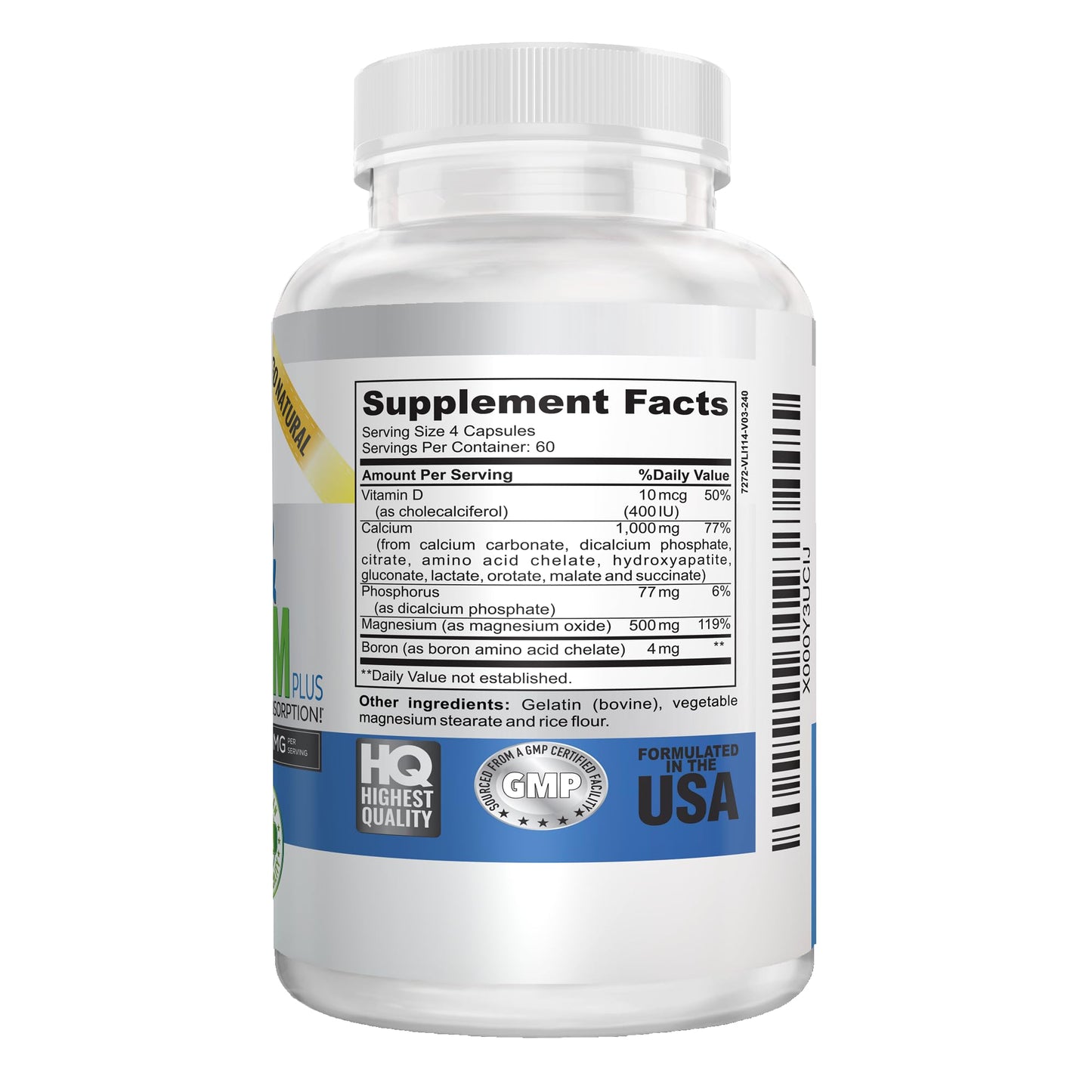 Vitalité Now! Calcium Magnesium Supplement with Vitamin D - 10 Forms of Calcium 1000mg for Maximum Absorption - Bone Strength Support with Boron and Phosphorus, 240 Capsules