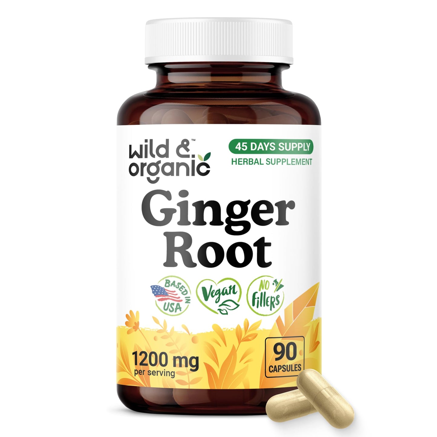 Wild & Organic Ginger Root Capsules 1200 mg 90 Count