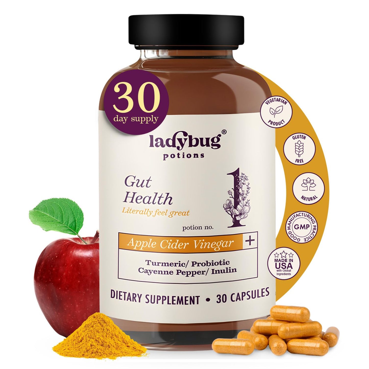 Ladybug Potions Organic Apple Cider Vinegar Capsules, 30 Count