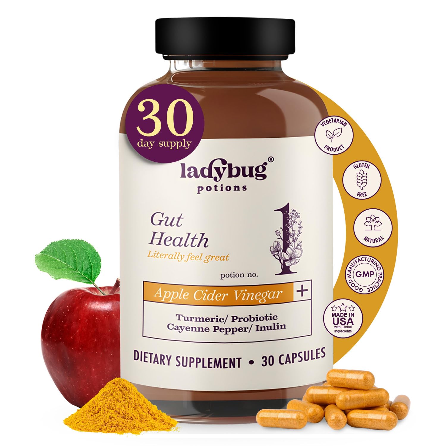 Ladybug Potions Organic Apple Cider Vinegar Capsules, 30 Count